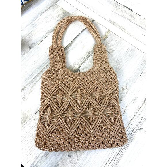 Lulus Women’s Sunny Glitter Gold Woven Crochet Linen Shoulder Tote Bag Zip NEW - Picture 3 of 8